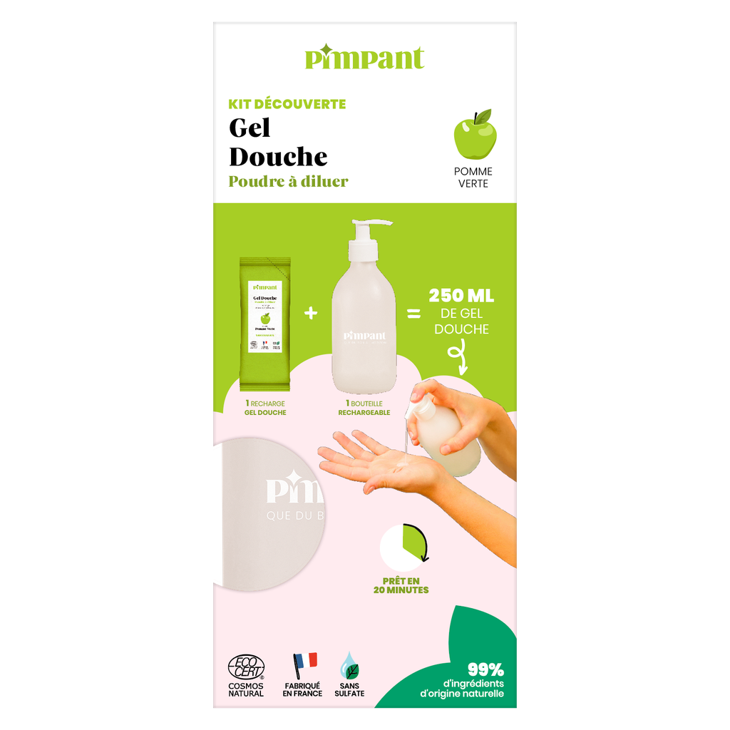 PIMPANT - Kit découverte gel douche pomme verte (1 bouteille + 1 stick)  